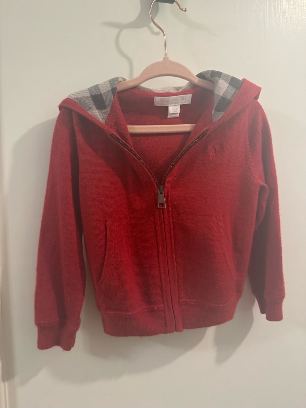 Burberry Kids Red Hooded Zip Sweatshirt with Check Lining